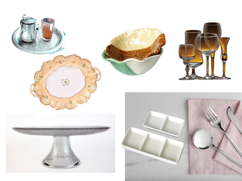mockup or kitchenware items: cake plate, serving dish, serving bowls. tea set, fancy glassware