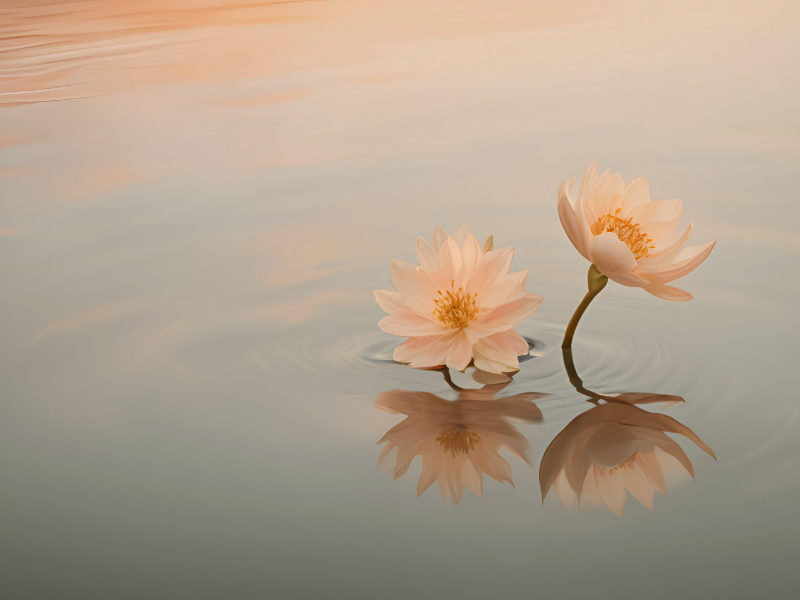 a photo of a still lake with two pink lotus flowers popping out of the water